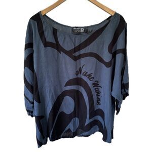 Nahe Wahine Hawaiian Watercolor Batik Blue Black Flowy Cold Shoulder Blouse L
